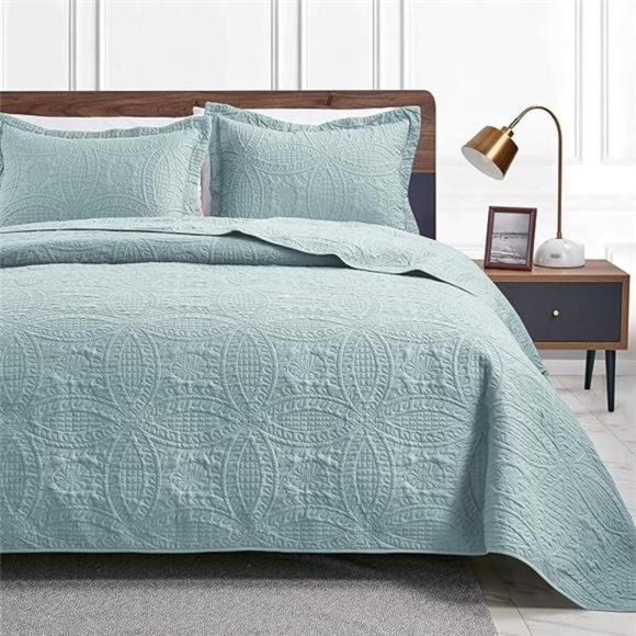 King Size Quilt Set Spa-Blue Bedspreads - Soft Bed Summer Quilt Lightweight